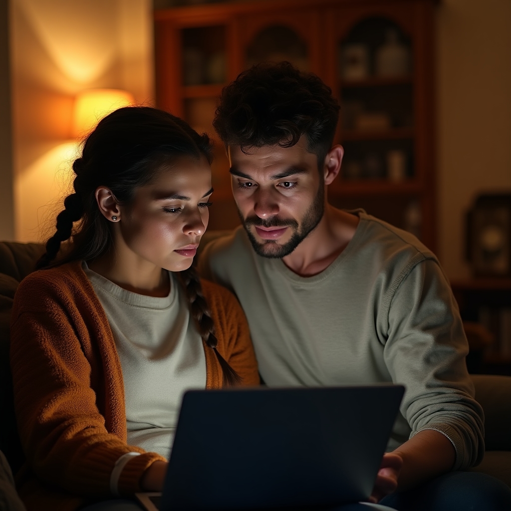 Para rozmawiająca przy laptopie nad wspólnym budżetem domowym