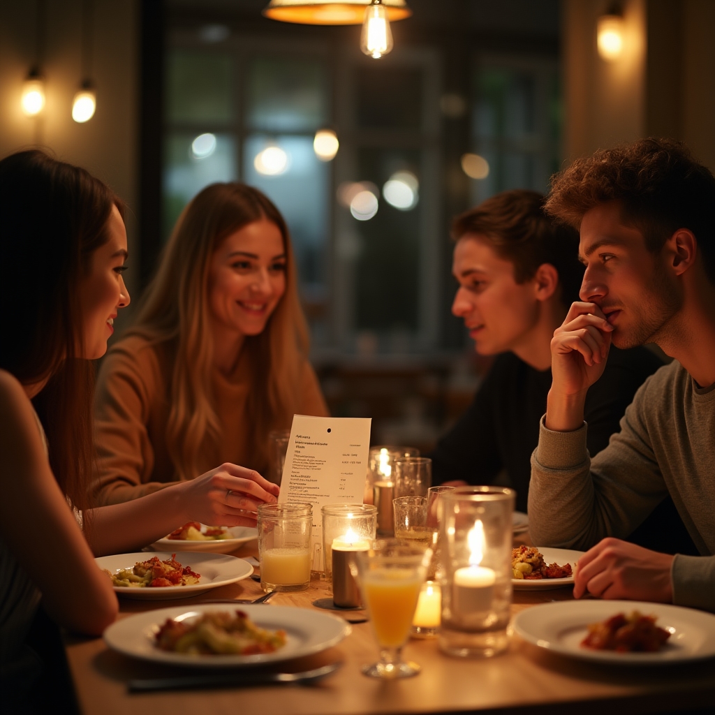 Grupa znajomych spotykających się w restauracji, jedna osoba patrzy na rachunek